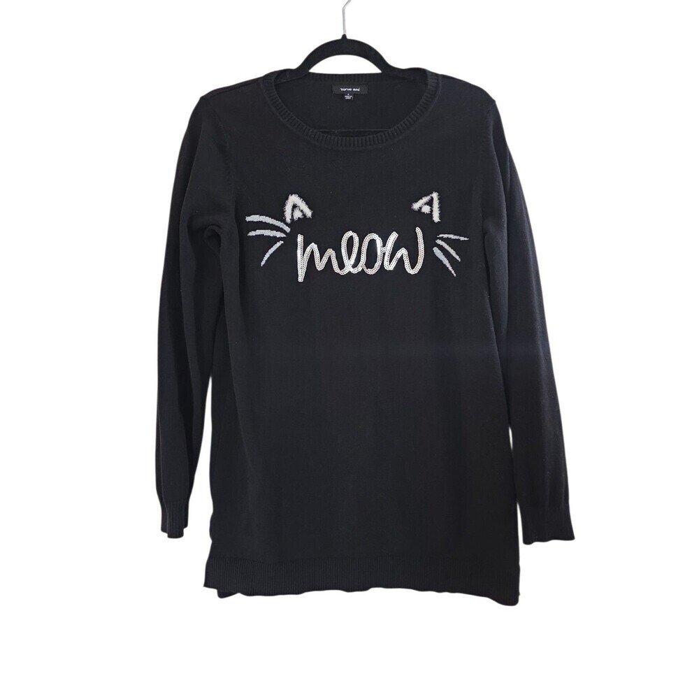 Black Verve ami Size Large Sequin MEOW Sweater Kitty Tail